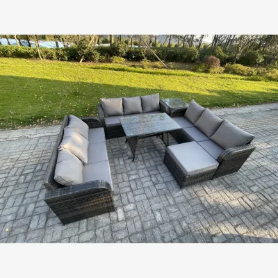 The Range Fimous 10-Seater Rattan Garden Sofa Set with Dining Table and Footstool - Dark grey mixed rattan with dark grey fabric