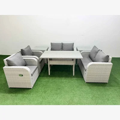 The Range Fimous 6 Seater Outdoor Rattan Sofa Set with Rectangular Dining Table and 2 Side Tables Light Grey. - Light Grey