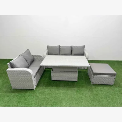 The Range Fimous 6-Seater PE Rattan Wicker Garden Sofa Set with Adjustable Lift Table. - Light grey PE rattan with dark grey fabric