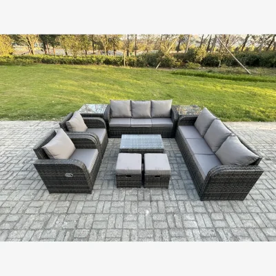 The Range Fimous 10-Seater Rattan Outdoor Sofa Set with Recliners and Tables Dark Grey Mixed - Dark grey mixed rattan with dark grey fabric