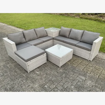 The Range Fimous 7-Seater PE Wicker Light Grey Rattan Garden Corner Sofa Set with Coffee Table and Footstool. - Dark grey mixed PE Rattan