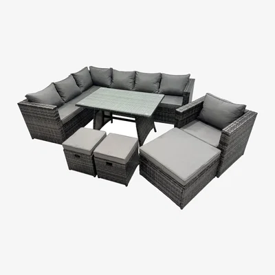 The Range Fimous 10-Seater Outdoor PE Rattan Sofa Set with Dining Table and 3 Stools Dark Grey Mixed - Dark grey mixed PE Rattan