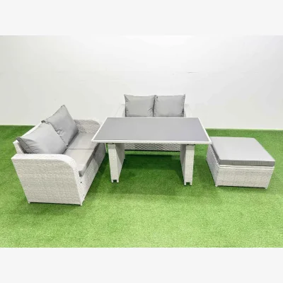 The Range Fimous 5-Piece Outdoor PE Rattan Sofa Set with Cushions, Tempered Glass Table, Light Grey - Light grey PE rattan with dark grey fabric