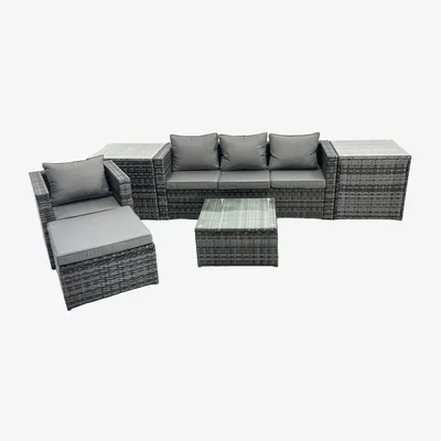 The Range Fimous 5-Seater Outdoor Rattan Patio Sofa Set with Armchair, Square Table and Footstool. - Dark Grey Mixed