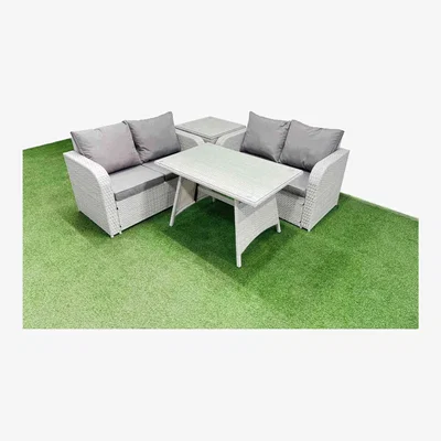 The Range Fimous 4-Seat Outdoor Rattan Love Sofa Set with Rectangular Dining Table and Side Table, Light Grey. - Light Grey