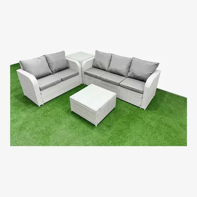 The Range Fimous 5-Seater PE Rattan Garden Sofa Set with Square Coffee Table. - Light grey PE rattan with dark grey fabric