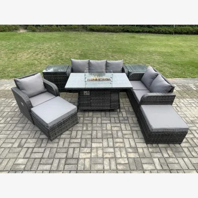 The Range Fimous 8-Seater Garden Patio Rattan Fire Pit Table and Sofa Set - Dark Grey