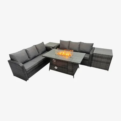 The Range Fimous Outdoor Rattan 3-Seater Sofa Set with Fire Pit Table and 2 Side Tables. - Dark Grey Mixed