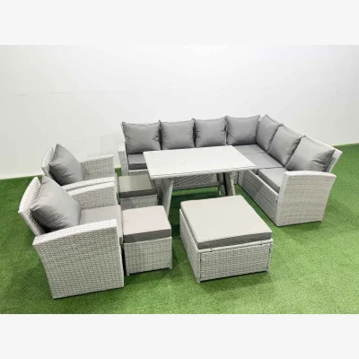 The Range Fimous 11-Seater Garden Rattan Corner Sofa Set with Dining Table and Footstools - Light Grey Mixed. - Light Grey Mixed rattan with dark grey fabric