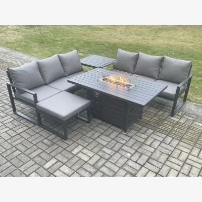 The Range Fimous Aluminium 7 Seater Outdoor Garden Sofa Set with Gas Fire Pit Dining Table, Dark Grey. - Dark Grey