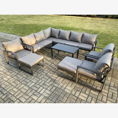 The Range Fimous Aluminium 11-Seater Outdoor Lounge Corner Sofa Set with Oblong Coffee Table and Cushions. - Dark Grey