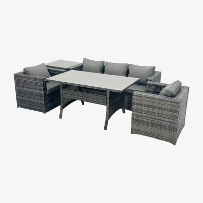 The Range Fimous Outdoor 5-Seater Rattan Dining and Sofa Set with Side Table Dark Grey Mixed - Dark grey mixed rattan with dark grey fabric
