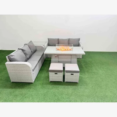 The Range Fimous Outdoor 8-Seater Wicker Rattan Sofa Set with Firepit Dining Table Light Grey - Light Grey