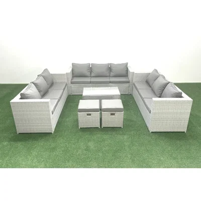 The Range Fimous 11-Seater Rattan Garden Sofa Set with 2 Stools & Glass Table - Light Grey Mixed