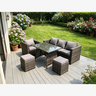 The Range 6 Seater Rattan Sofa Set Dining Table Chair Stool Garden Furniture - Dark Grey Mixed