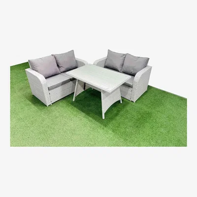 The Range Fimous 4-Seat Outdoor Rattan Love Sofa Set with Tempered Glass Rectangular Table Light Grey - Light grey rattan + dark grey fabric