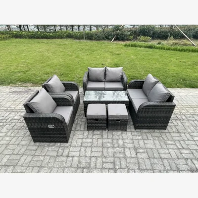 The Range Fimous Patio 8-Seater Outdoor Wicker Rattan Sofa Set with Reclining Chairs and 2 Footstools. - Dark grey mixed rattan with dark grey fabric