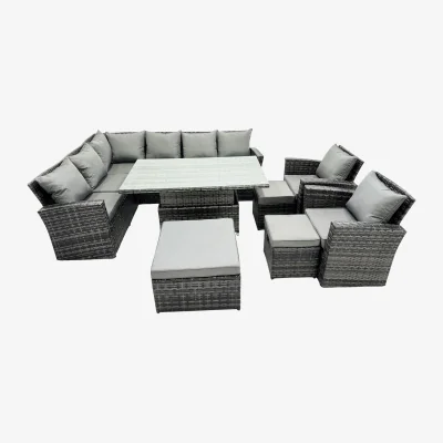 The Range Fimous Poly Rattan Outdoor Corner Sofa Set with Height-Adjustable Table and 3 Stools. - Dark Grey Mixed