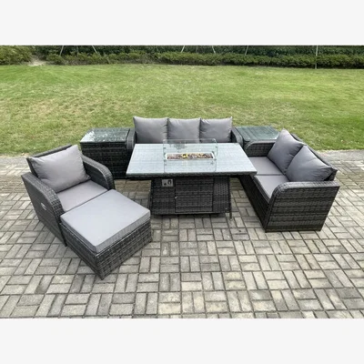 The Range Fimous 7-Piece Garden Patio Wicker Rattan Gas Fire Pit Table and Sofa Set. - Dark Grey