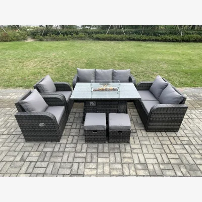 The Range Fimous Garden Patio Furniture Rattan Sofa Set with Rectangular Gas Fire Pit Table Dark Grey Mixed - Dark Grey