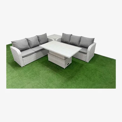 The Range Fimous 6-Seater Outdoor Rattan Sofa Set with Adjustable Lifting Table Light Grey. - Light grey PE rattan with dark grey fabric