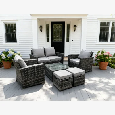 The Range 6 Seater High Back Rattan Sofa Set Garden Furniture Outdoor 2 Stools - Dark Grey Mixed
