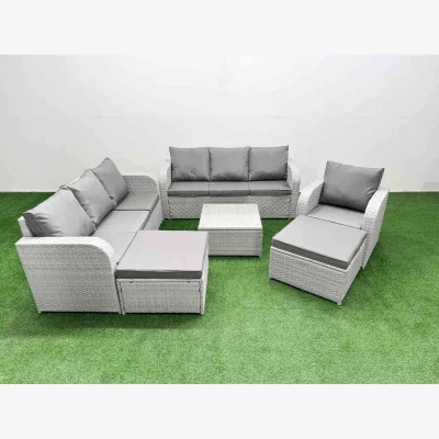 The Range Fimous 9-Seater Poly Rattan Outdoor Sofa Set with Reclining Chair Light Grey - Light grey PE rattan with dark grey fabric