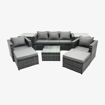 The Range Fimous 7-Seater Outdoor Rattan Patio Sofa Set with Armchairs, Tables and Footstools. - Dark grey mixed rattan with dark grey fabric