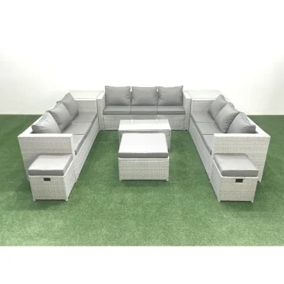 The Range Fimous Rattan 12-Seater Outdoor Sofa Set with Tempered Glass Table and Cushions. - Light grey mixed rattan and dark grey fabric