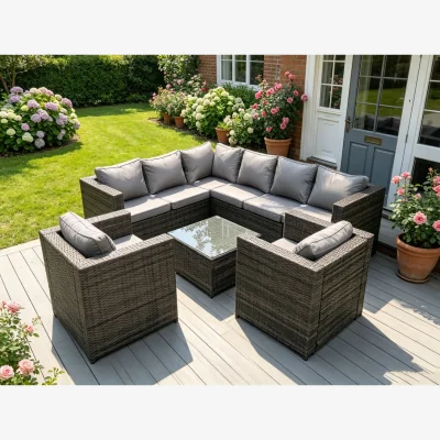 The Range 8 Seater Corner Rattan Sofa Set Garden Furniture Outdoor - Dark Grey Mixed