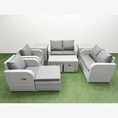 The Range Fimous 9-Seater Outdoor Reclining Rattan Garden Sofa Set with Glass Coffee Table Light Grey - Light Grey