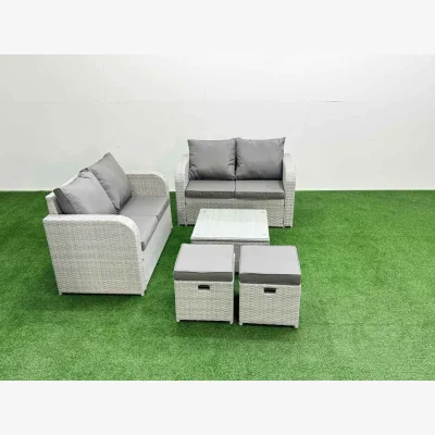 The Range Fimous 6 Seater Outdoor Love Sofa Set with Square Coffee Table and 2 Stools in Light Grey. - Light Grey