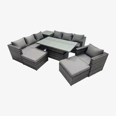 The Range Fimous 9-Seater Outdoor Rattan Corner Sofa Set with Adjustable Rising Table and Tempered Glass Top. - Dark grey mixed rattan with dark grey fabric