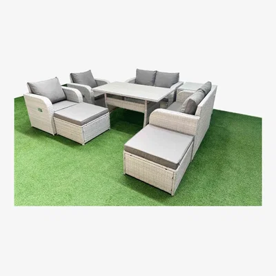 The Range Fimous 8-Seater Outdoor Rattan Reclining Sofa Set with Dining Table Light Grey - Light Grey