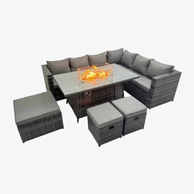 The Range Rattan Corner Sofa Set Gas Firepit Dining Table Sets Heater Burner - Dark Grey Mixed