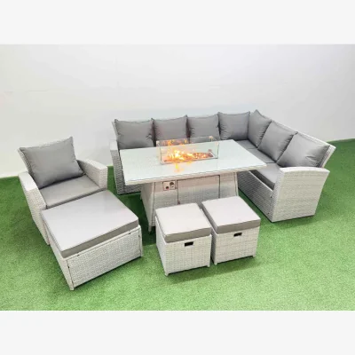 The Range Fimous 10-Seat Rattan Garden Corner Sofa Set with Gas Fire Pit Table and 3 Footstools, Light Grey. - Light Grey