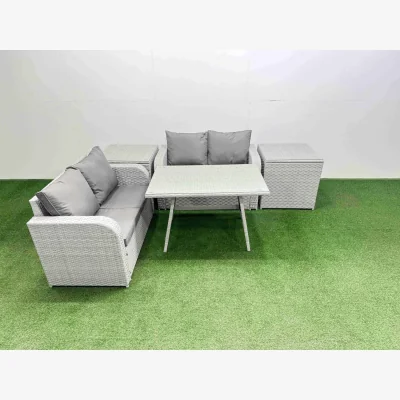 The Range Fimous 4-Seat PE Rattan Outdoor Sofa Set with Rectangular Dining Table and 2 Side Tables Light Grey - Light grey rattan + dark grey fabric