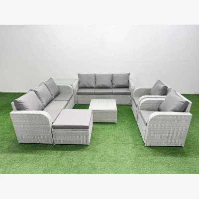 The Range Fimous PE Rattan High Back Outdoor Sofa Set with Reclining Chairs & Square Glass Table, Light Grey. - Light Grey