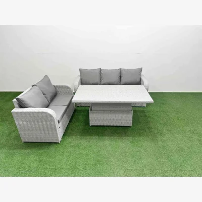 The Range Fimous 5-Seater PE Rattan Wicker Garden Sofa Set with Adjustable Lifting Table. - Light grey with dark grey fabric
