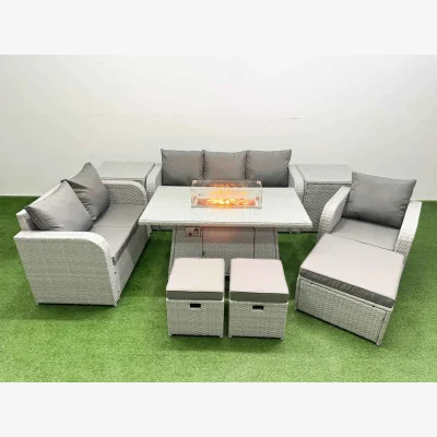 The Range Fimous 9-Seater PE Wicker Outdoor Rattan Sofa Set with Firepit Dining Table and Reclining Chair. - Light Grey