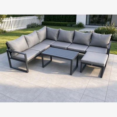 The Range Aluminium 7-Seater Outdoor/Indoor Corner Sofa Set with Oblong Coffee Table and Big Footstool