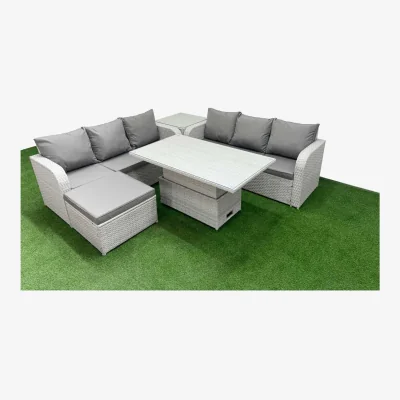 The Range Fimous 7-Seater Outdoor PE Rattan Sofa Set with Adjustable Lifting Table, Light Grey. - Light Grey