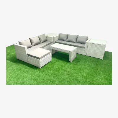 The Range Fimous 7-Seater Outdoor Rattan Sofa Set with Oblong Coffee Table, Footstool and 2 Side Tables. - Light Grey Mixed