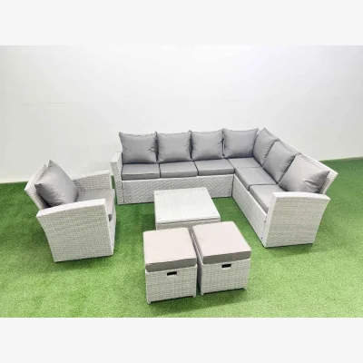 The Range Fimous Rattan Garden Outdoor 9-Seater Corner Sofa Set with Armchair and Footstools Light Grey Mixed - Light Grey Mixed