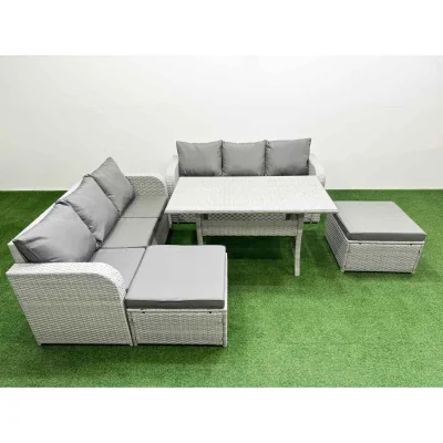The Range Fimous 8-Seater Outdoor Rattan Sofa Set with Rectangular Glass Table and 2 Footstools Light Grey - Light Grey