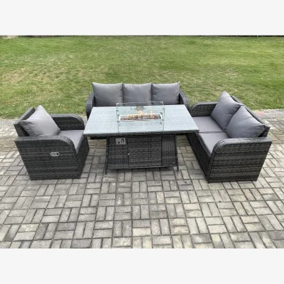 The Range Fimous 6-Seater Rattan Garden Sofa Set with Fire Pit Table Dark Grey - Dark Grey