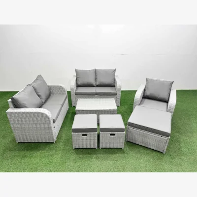 The Range Fimous High Back PE Rattan Outdoor Sofa Set with Recliners, Loveseat & Table - Light Grey