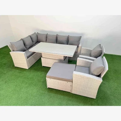 The Range Fimous 9 Seat Rattan Outdoor Garden Corner Sofa Set with Lift Table Light Grey - Light Grey Mixed rattan with dark grey fabric