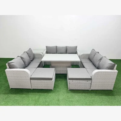 The Range Fimous 11-Seater PE Rattan Outdoor Lounge Set with Adjustable Lifting Table and Side Table. - Light Grey