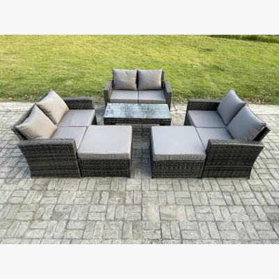 The Range Fimous 8-Seater High Back Rattan Garden Sofa Set with Rectangular Coffee Table, Dark Grey Mixed. - Dark grey mixed rattan with dark grey fabric